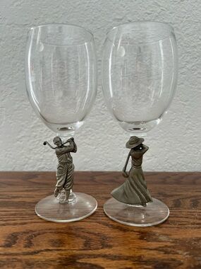 Vintage Set of 2 Fort Pewter Male & Female Golfers Wine Water Glasses Golf Gift
